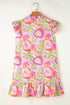 Abstract Floral Ruffle Trim Flutter Sleeve Buttoned Dress